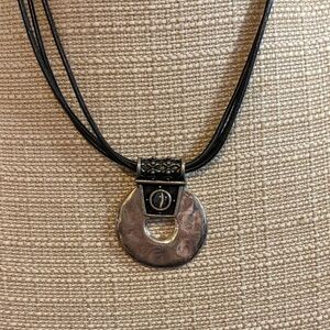 Chico's Silver-Tone Round Pendant Necklace with Black Cord